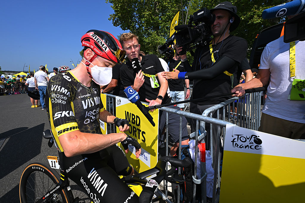 PAU, FRANCE - JULY 09: Jonas Vingegaard of Denmark and Team Visma | Lease a Bike meets the media press prior to the 113th Tour de France 2026, Stage 6 a 186.2km stage from Pau to Gavarnie-Gedre 1379m / #UCIWT / on July 09, 2026 in Pau, France. (Photo by Tim de Waele/Getty Images)