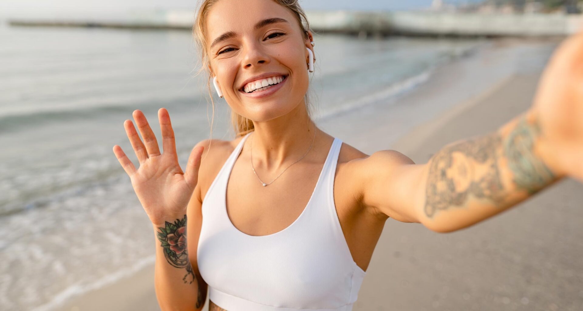 Happy Smiling Young Woman Sports Exercise Fitness Beach