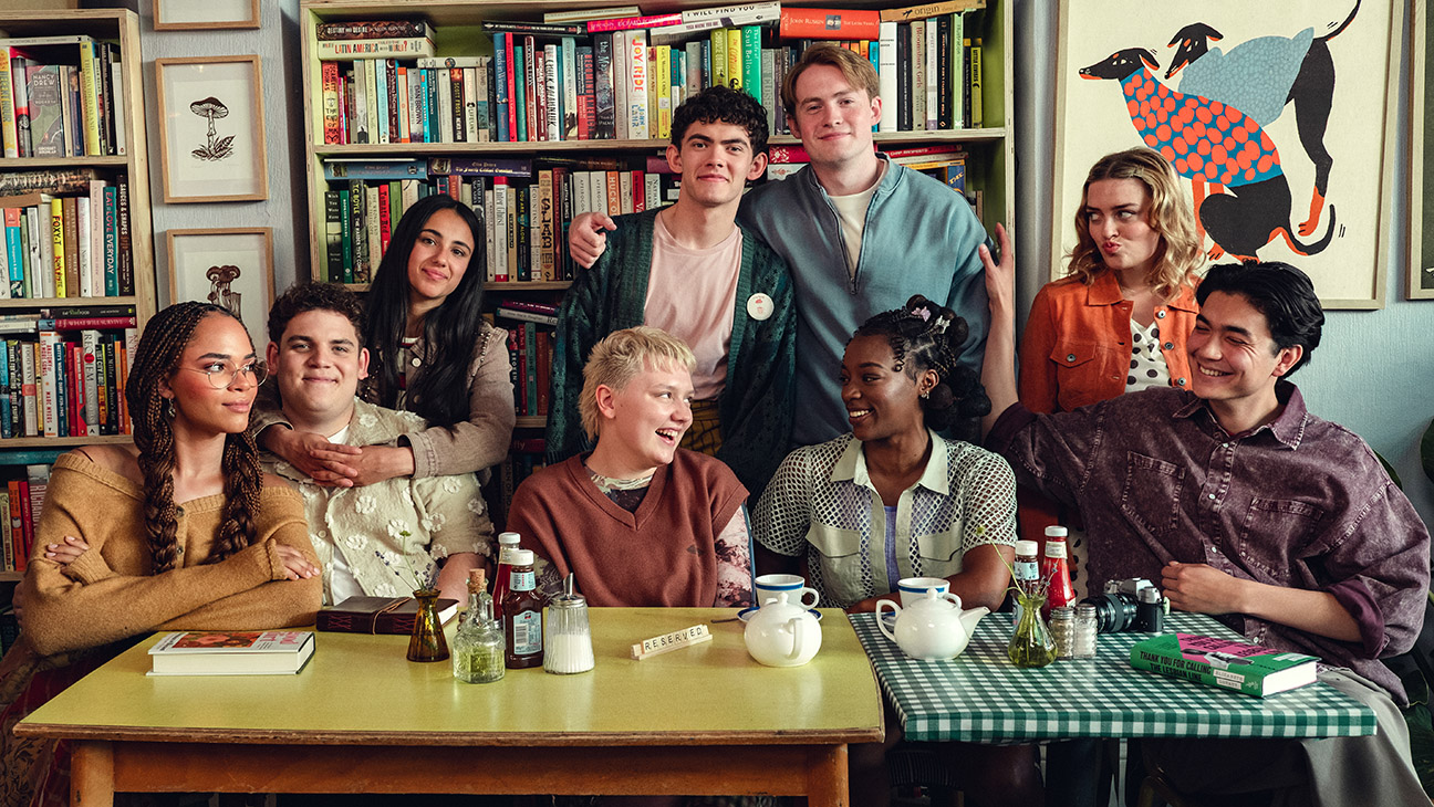 From left (top-to-bottom): Yasmin Finney, Tobie Donovan, Leila Khan, Joe Locke, Kit Connor, Kizzy Edgell, Corinna Brown, Rhea Norwood, William Gao behing the scenes of Heartstopper Forever.