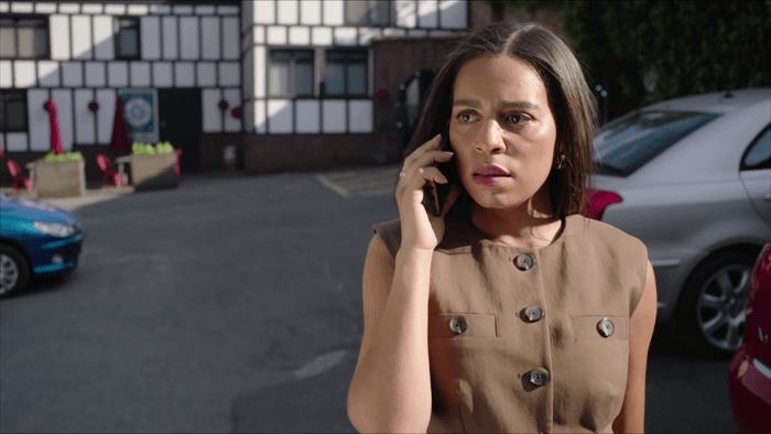 Hollyoaks Summer trailer (5) Gemma Johnson on the phone in the Dog in the Pond carpark in Hollyoaks