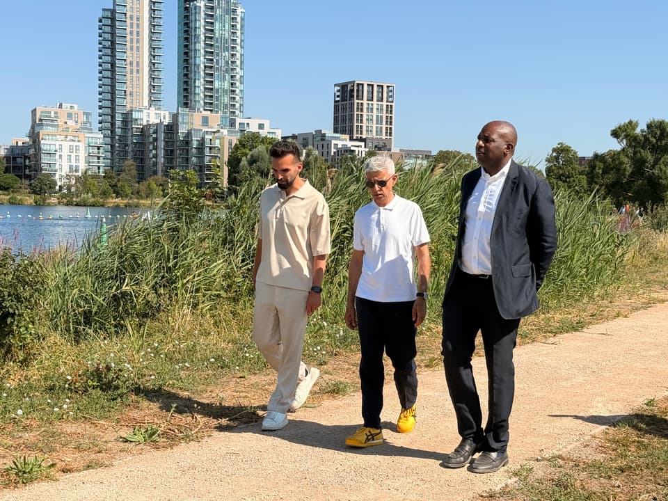 <p>Deputy Mayor for Environment and Energy Mete Coban, London Mayor Sadiq Khan and Tottenham MP David Lammy visit West Reservoir in Hackney</p>