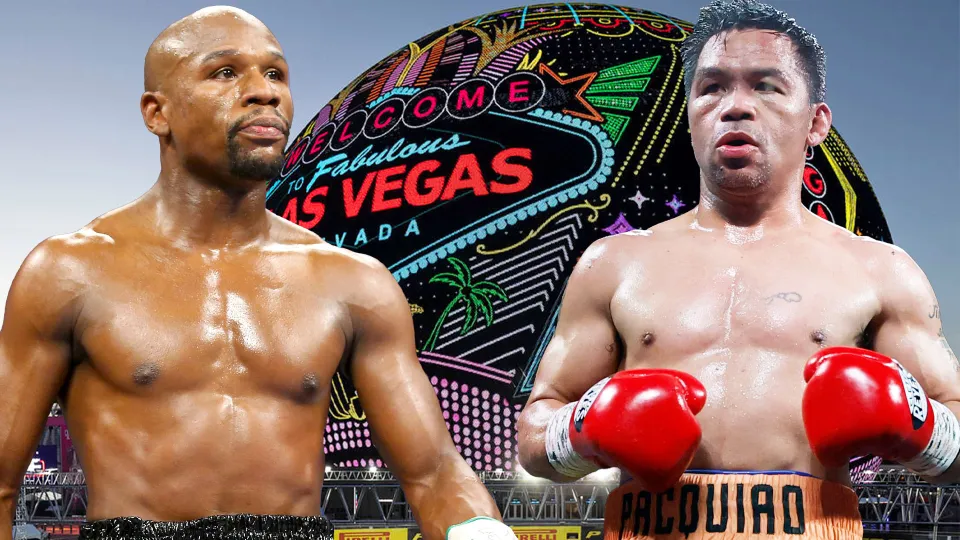Floyd Mayweather and Manny Pacquiao in front of Las Vegas' Sphere