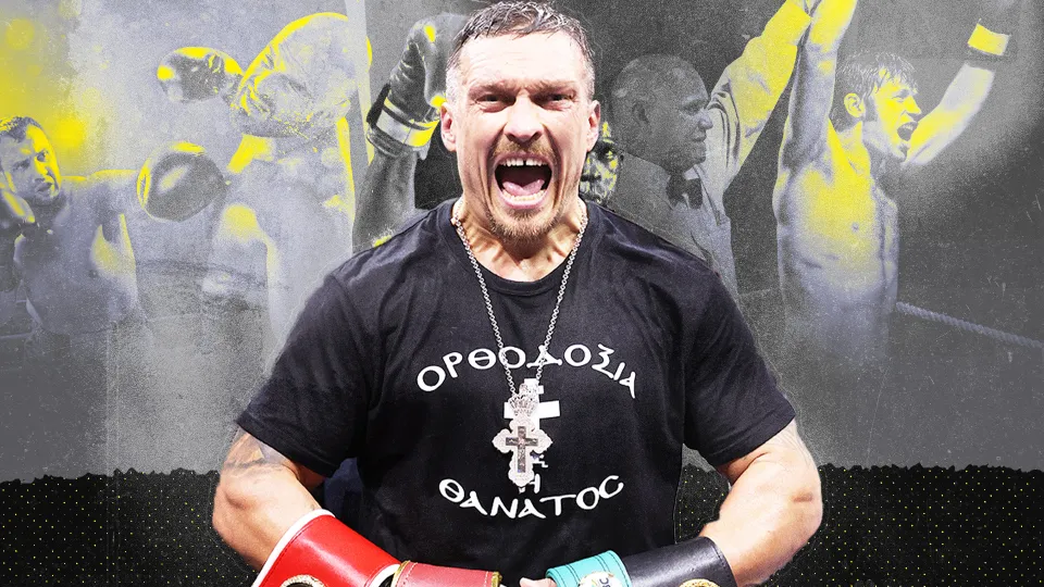 A graphic of Oleksandr Usyk with his heavyweight titles