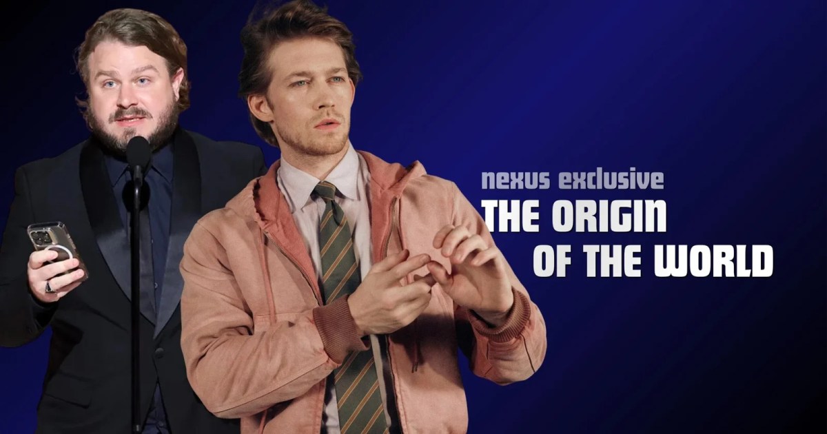 Joe Alwyn and Brady Corbet. The text reads nexus exclusive The Origin of the World