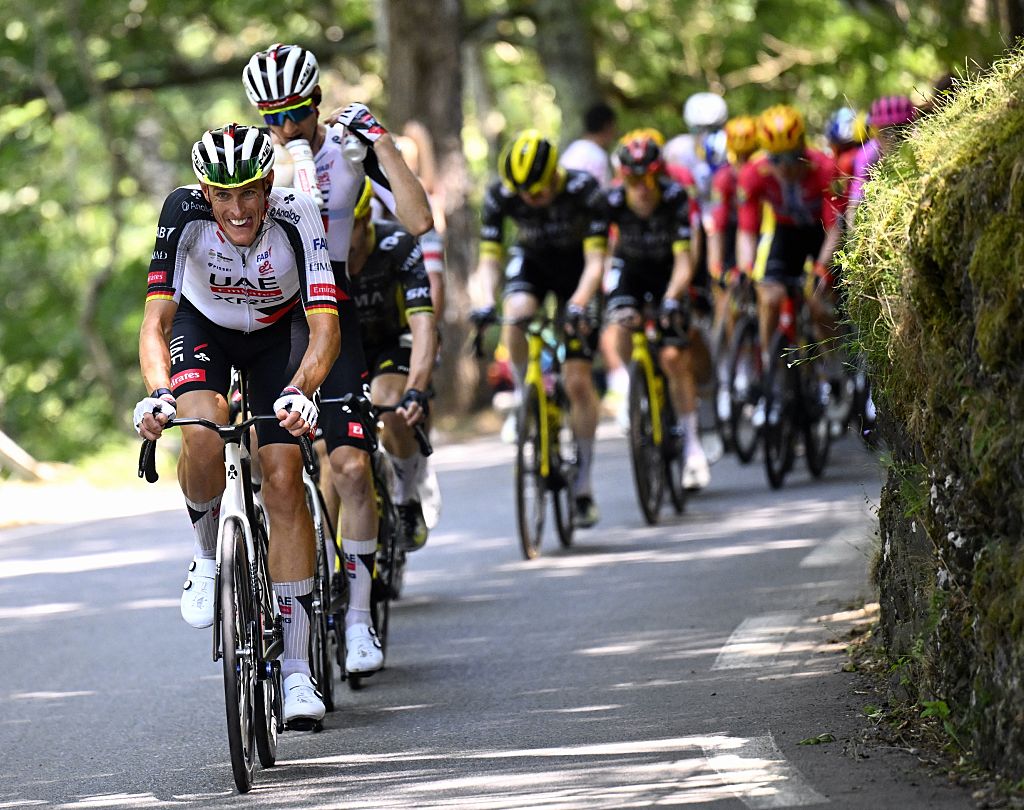 German Nils Politt of UAE Team Emirates XRG, Belgian Tim Wellens of UAE Team Emirates XRG and Belgian Victor Campenaerts of Team Visma-Lease a Bike pictured in action during stage 6 of the 2026 Tour de France cycling race, a stage of 186 km from Pau to Gavarnie-Gedre, on Thursday 09 July 2026. The 113th edition of the Tour de France starts on Saturday 4 July in Barcelona, Spain, and will finish in Paris, France on the 26th of July. BELGA PHOTO POOL TOMAS SISK (Photo by POOL TOMAS SISK / BELGA MAG / Belga via AFP)