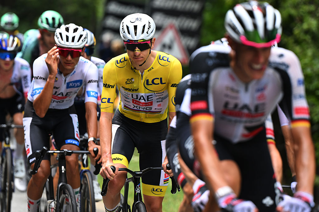 ALPE D&amp;apos;HUEZ, FRANCE - JULY 25: Tadej Pogacar of Slovenia and UAE Team Emirates - XRG - Yellow Leader Jersey competes during the 113th Tour de France 2026, Stage 20 a 170.9km stage from Le Bourg d&amp;apos;Oisans to Alpe d&amp;apos;Huez 1842m / #UCIWT / on July 25, 2026 in Alpe d&amp;apos;Huez, France. (Photo by Dario Belingheri/Getty Images)