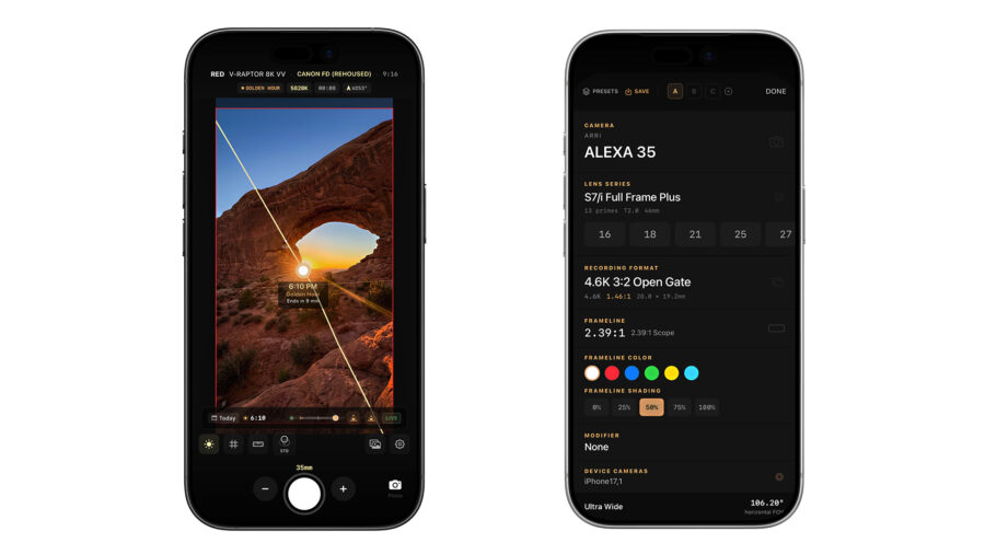 LIGHTFRAMER PRO viewfinder and settings