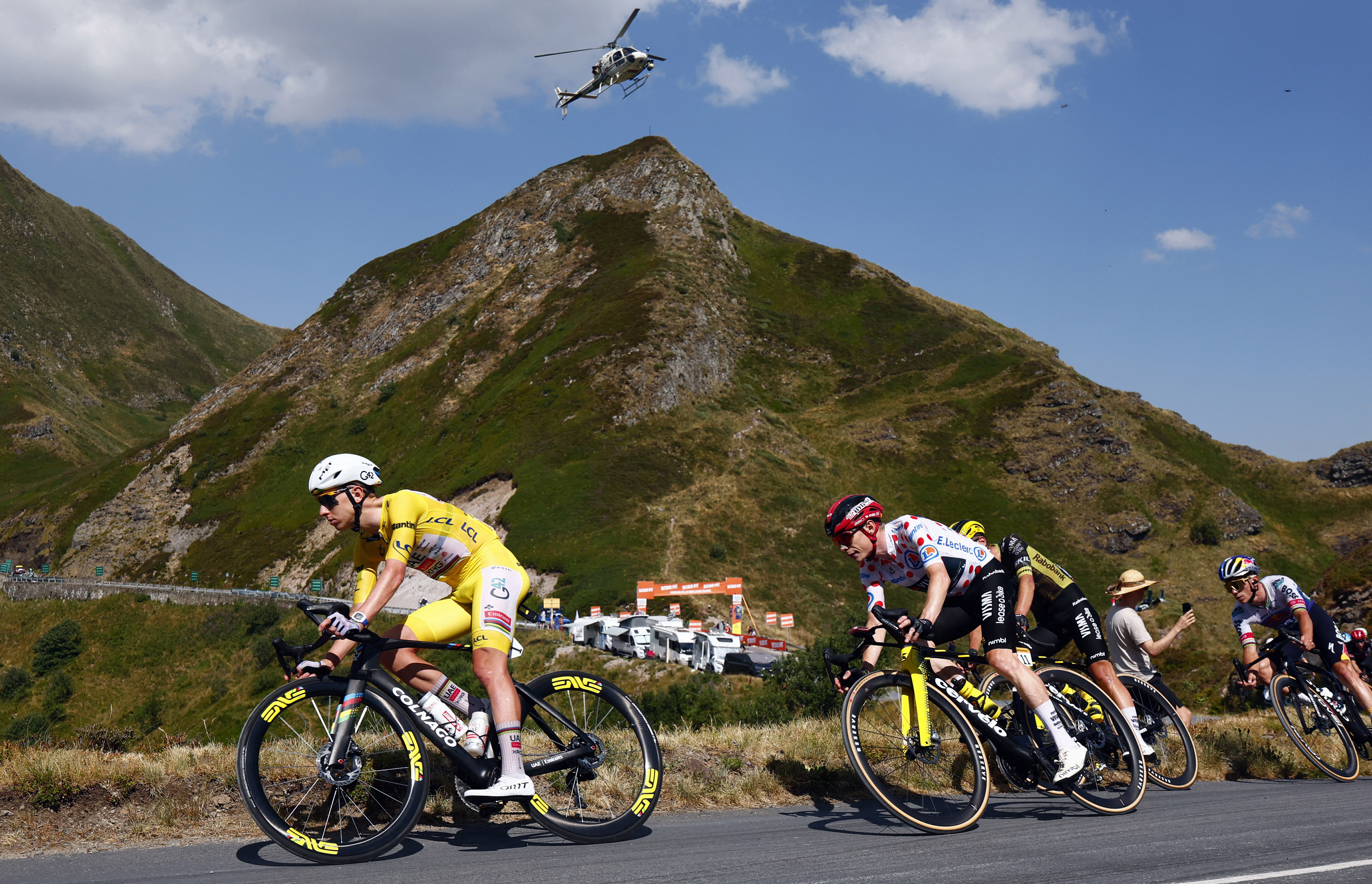 Pogačar of UAE Team Emirates XRG, Vingegaard of Team Visma-Lease a Bike and Evenepoel of Red Bull-BORA-hansgrohe pictured in action during the stage 10 of the 2026 Tour de France