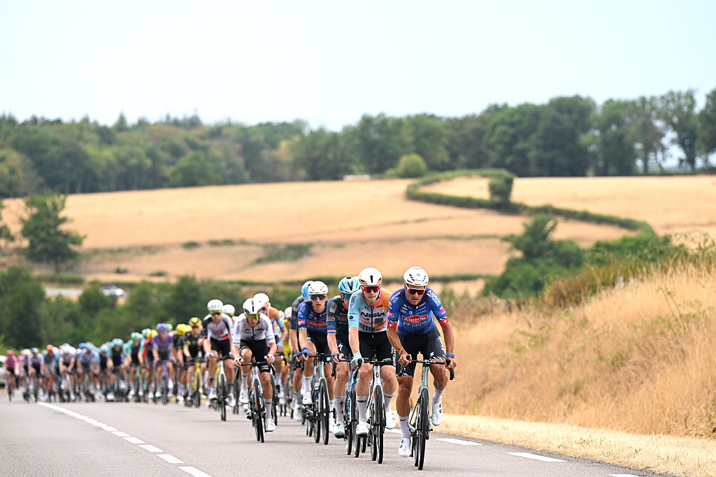 CHALON-SUR-SAONE, FRANCE - JULY 16: (L-R) Matis Louvel of France and Team NSN Cycling, Silvan Dillier of Switzerland and Team Alpecin-Premier Tech lead the peloton during the 113th Tour de France 2026, Stage 12 a 179.1km stage from Circuit Nevers Magny-Cours to Chalon-sur-Saone / #UCIWT / on July 16, 2026 in Chalon-sur-Saone, France. (Photo by Dario Belingheri/Getty Images)