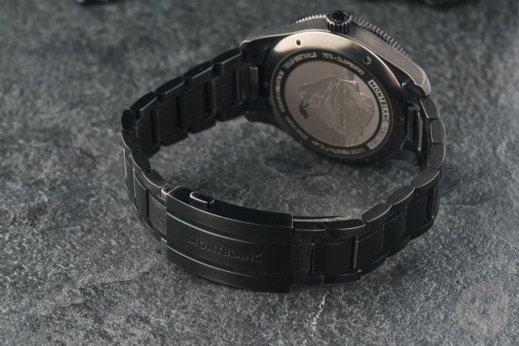 Clasp bracelet, and case back of the Montblanc Iced Sea Automatic Date 0 Oxygen ref. MB137541