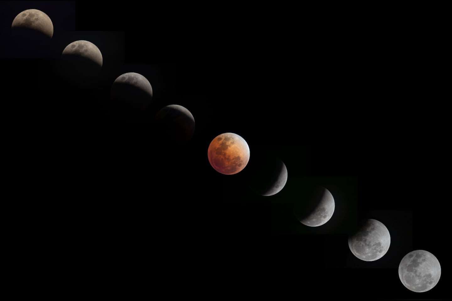 A digital composite showing the moon passing through the Earth’s shadow, resulting in a lunar eclipse. 