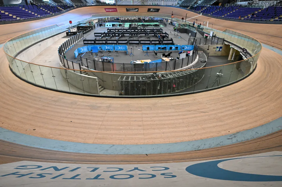 A general view of the interior of the Sir Chris Hoy Velodrome track cycling venue in Glasgow