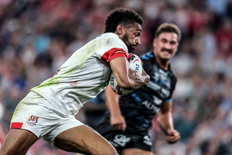 Robert Baloucoune runs in to score a try for Ulster in the Challenge Cup final against Montpellier at San Mames Stadium, Bilbao, on May 22nd. Photograph: Dan Sheridan/Inpho