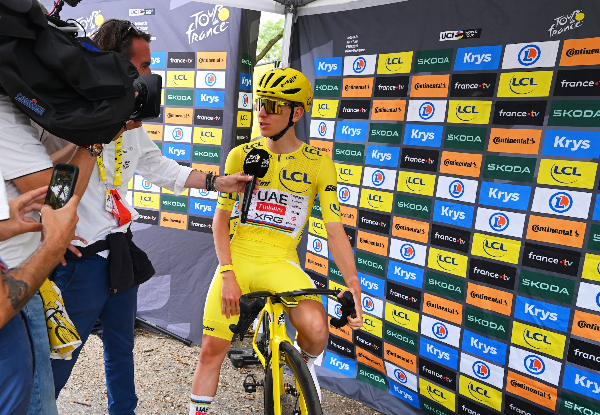 PARIS, FRANCE - JULY 26: Tadej Pogacar of Slovenia and UAE Team Emirates - XRG - Yellow Leader Jersey meets the media press prior to the 113th Tour de France 2026, Stage 21 a 89km stage from Paris to Paris / #UCIWT / on July 26, 2026 in Paris, France. (Photo by Tim de Waele/Getty Images)