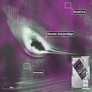 NISAR image of Nunatak Zaterjavshijsja in East Antarctica is seen at center-left, surrounded by ice fractured with crevasses, which are shown as sharp, green lines. The magenta portions of the image represent more regular surfaces, such as smooth ice. Credit: NASA/JPL-Caltech