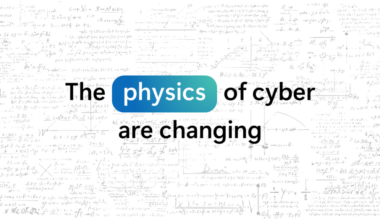 Graphic with the headline “The physics of cyber are changing.” The word “physics” appears in white text inside a blue-to-teal rounded rectangle, while the rest of the headline is shown in black text on a white background. Behind the headline is a faint collage of handwritten equations, mathematical formulas, graphs, diagrams and scientific calculations, suggesting a connection between cybersecurity and the principles of physics and systems analysis.