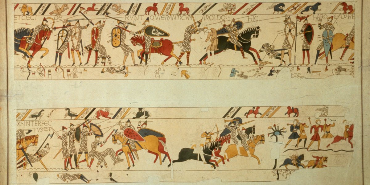 A scene from the Bayeux Tapestry, depicting the Norman Invasion of 1066. King Harold II (c.1022 - 1066) is killed at the Battle of Hastings. The tapestry is housed in the town of Bayeux in Normandy. (Photo by Hulton Archive/Getty Images)