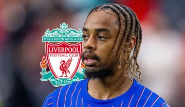 PSG star Bradley Barcola next to the Liverpool badge