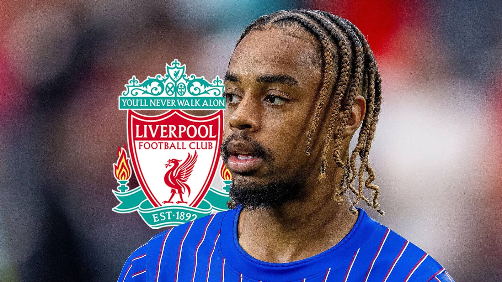 PSG star Bradley Barcola next to the Liverpool badge