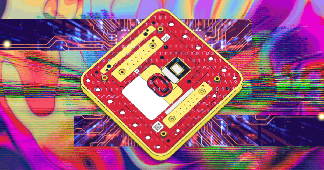 A GIF of a quantum computer chip with groovy patterns coming out from it.