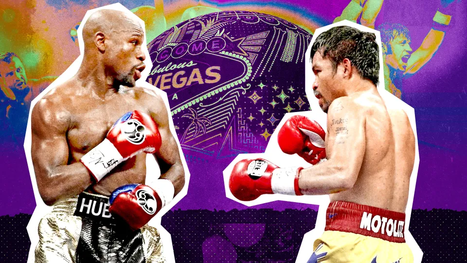 Floyd Mayweather and Manny Pacquiao in front of the Las Vegas Sphere