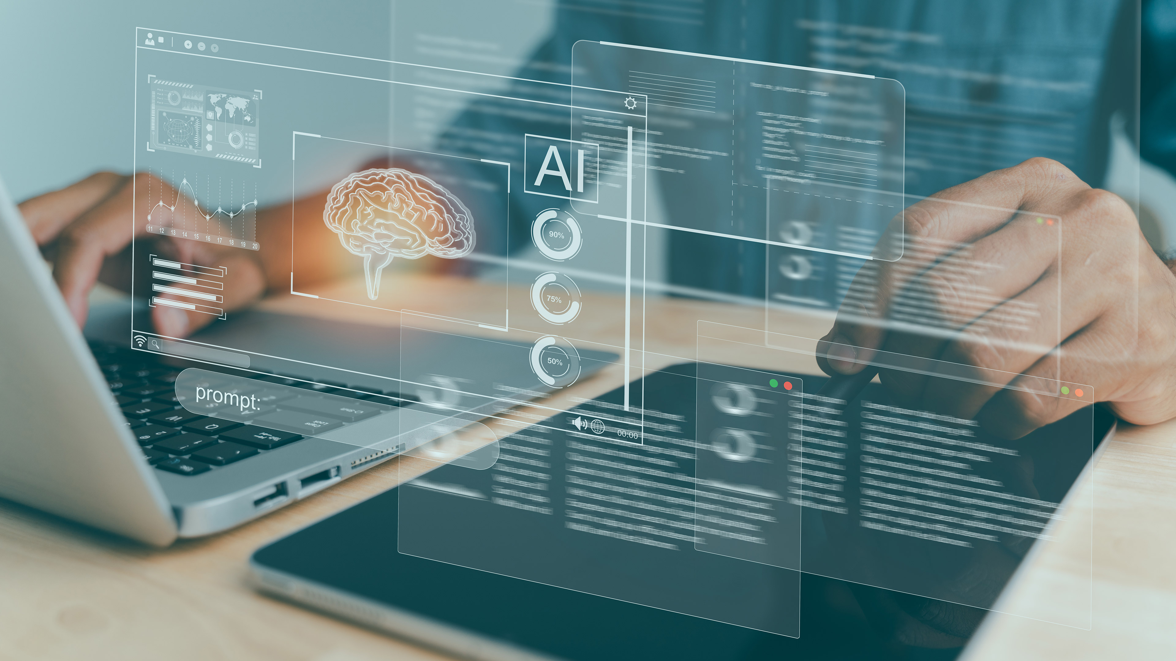 A person typing on a laptop and using a tablet. Only their upper torso, arms and hands are visible. Text superimposed on the image shows AI