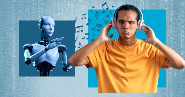 A graphic shows a robot gesturing like an orchestral conductor and a human listening on headphones.