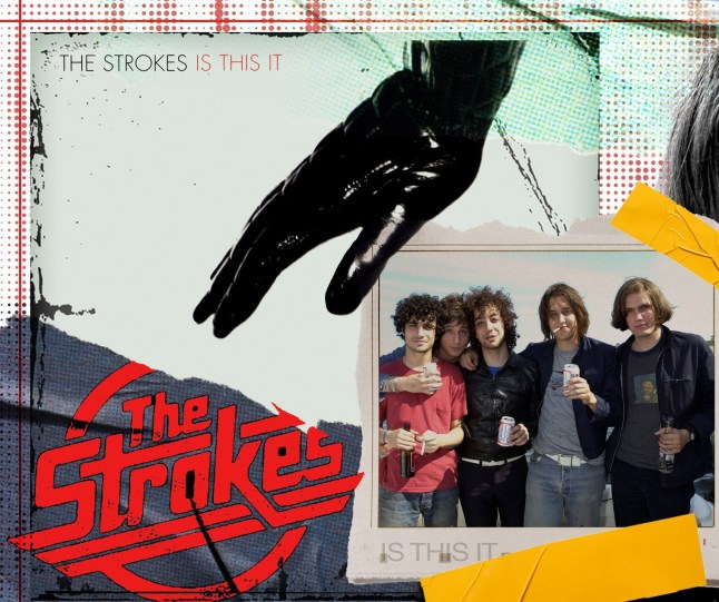 The Strokes band members in a scrapbook style image.