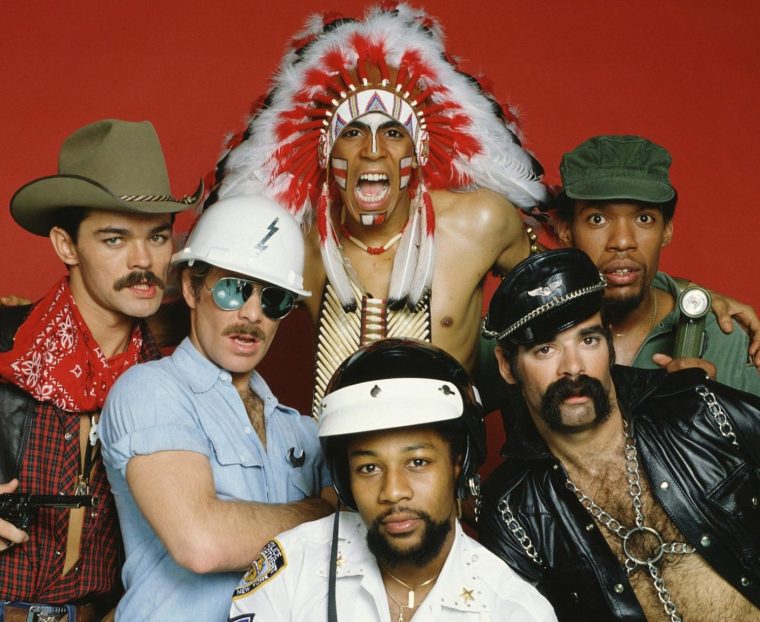Portrait of the original members of the American disco group The Village People, from left to right: Randy Jones (the cowboy); David Hodo (the construction worker); Felipe Rose (the American Indian); Victor Willis (the cop); Glenn Hughes (the leatherman) and Alexander Briley (the G.I.). (Photo by CBS Archive/Getty IMages)