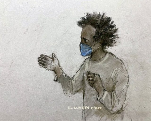 Court artist sketch by Elizabeth Cook of Southport stabbings suspect Axel Rudakubana, 18, shouting from the dock as he appeared at Liverpool Crown Court, for his sentencing hearing after he pleaded guilty to murdering three young girls in a knife attack at a Taylor Swift-themed dance class. Southport killer Axel Rudakubana repeatedly interrupted his sentencing hearing by shouting for a paramedic and claiming to be ill, having not eaten for 10 days. Picture date: Thursday January 23, 2025. PA Photo. Rudakubana has also pleaded guilty to the attempted murder of eight other children and to the attempted murder of Leanne Lucas and Jonathan Hayes in Southport, Merseyside on July 29, 2024.See PA story COURTS Southport . Photo credit should read: Elizabeth Cook/PA Wire