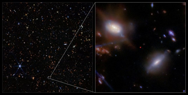 An area of deep space observed by the James Webb Space Telescope is covered by a scattering of galaxies as well as a few nearby stars, and a small square is shown zoomed in, in the center of which, a red dot is the galaxy JADES-GS-z13-1, observed as it was 330 million years after the Big Bang, in this undated handout image. ESA/Webb, NASA & CSA, JADES Collaboration, J. Witstok, P. Jakobsen, A. Pagan (STScI), M. Zamani (ESA/Webb)/Handout via REUTERS THIS IMAGE HAS BEEN SUPPLIED BY A THIRD PARTY