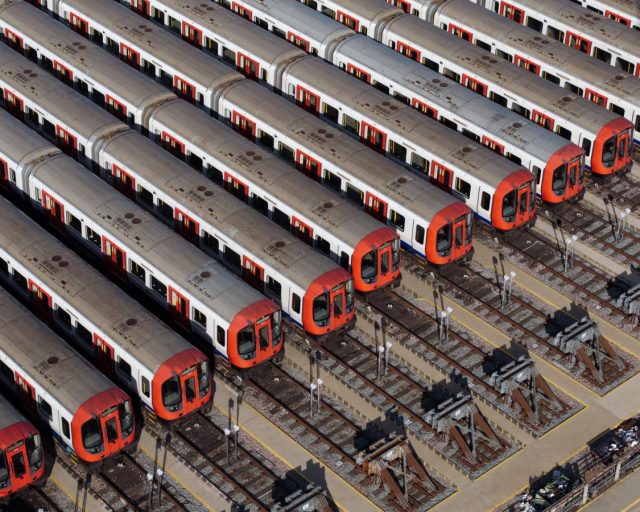 UPMINSTER, ENGLAND - SEPTEMBER 08: Tube trains are stacked at Upminster rail depot on September 08, 2025 in Upminster, England. London Underground workers have begun a strike that impacts most of the network, with limited or no services running on the Tube and DLR between Sunday and Friday. Members of the Rail, Maritime and Transport union (RMT) voted to strike after failed negotiations with Transport for London (TfL) over pay and working conditions. (Photo by Dan Kitwood/Getty Images)