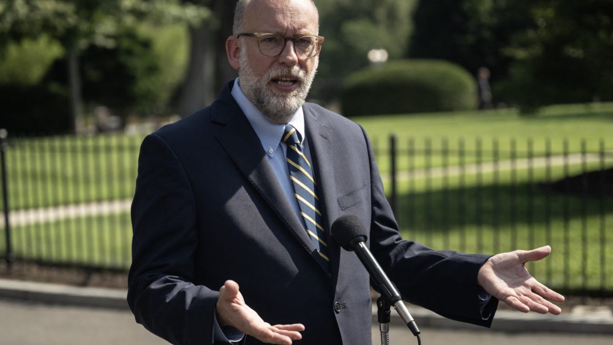 (FILES) Director of the US Office of Management and Budget (OMB) Russell (Russ) Vought speaks to reporters outside the West Wing of the White House on July 17, 2025, in Washington, DC. voug. US President Donald Trump will meet his budget chief Russell Vought on October 2, 2025, to determine which federal agencies to cut amid a federal government shutdown that he has hailed as an 