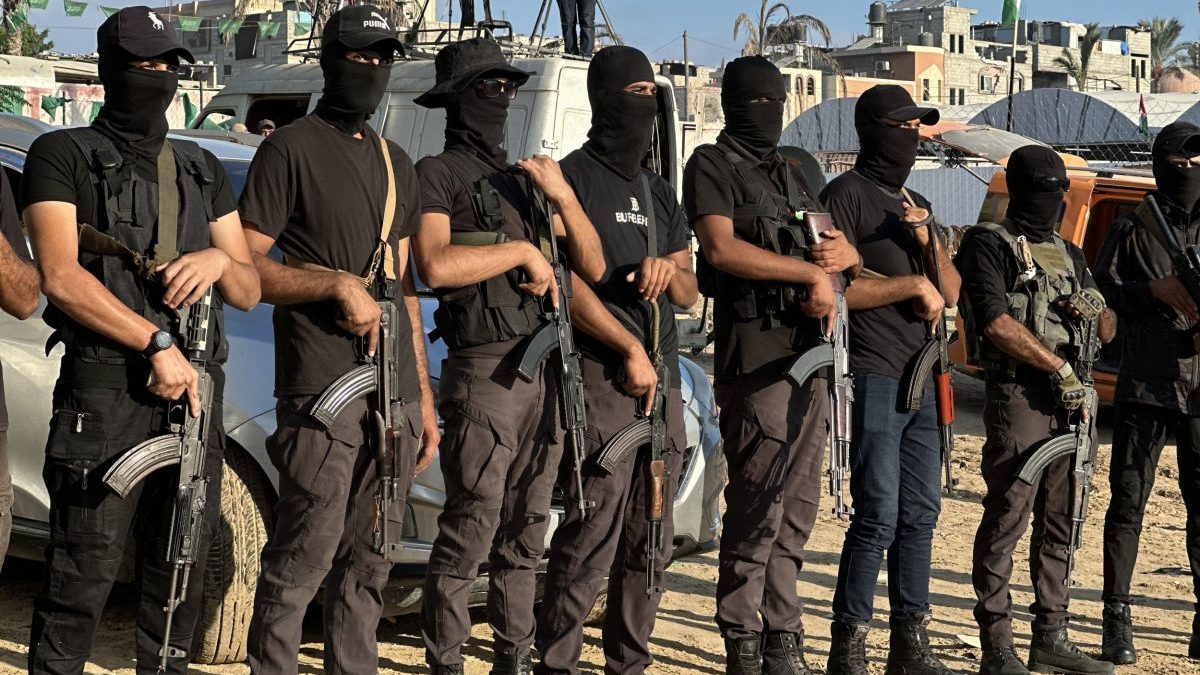 KHAN YUNIS, GAZA - OCTOBER 13: Security forces take security measures as preparations are completed at Nasser Hospital to welcome Palestinians to be released under the cease-fire and hostage-prisoner exchange deal between Israel and Hamas in Khan Yunis, Gaza, on October 13, 2025. (Photo by Doaa Albaz/Anadolu via Getty Images)