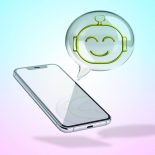 Smartphone with a glass speech bubble with the chatbot symbol inside.Chatbot concept. open AI, Artificial Intelligence.