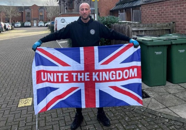 Ben Cullen holding with Union Jack flag, who is due to appear before a jury at Reading Crown Court on July 1