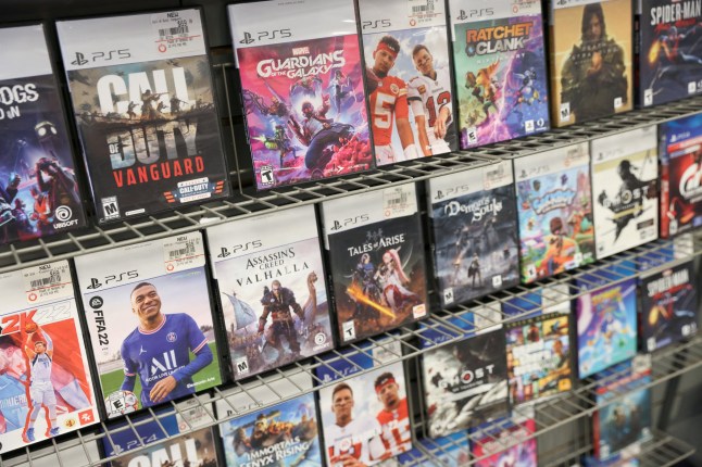 PS5 games by PlayStation are seen for sale at a GameStop in Manhattan, New York, U.S., December 7, 2021.