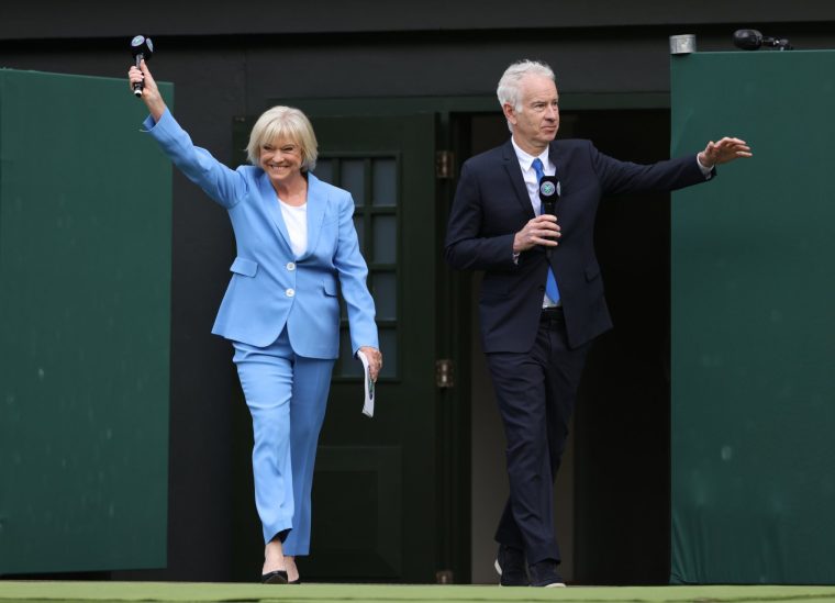 LONDON, ENGLAND - JULY 03: John McEnroe and Sue Barker during the Centre Court Centenary Celebrations during day seven of The Championships Wimbledon 2022 at All England Lawn Tennis and Croquet Club on July 3, 2022 in London, England. (Photo by Rob Newell - CameraSport via Getty Images)
