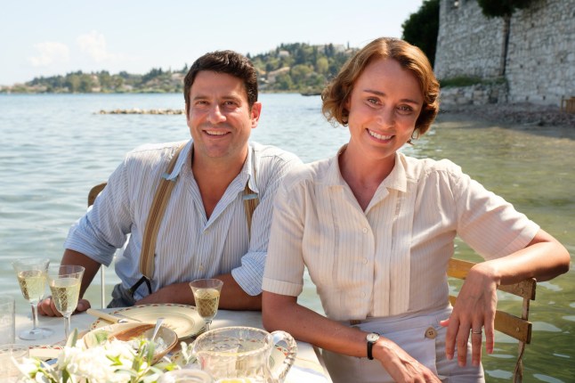 Keeley Hawes as Louisa Durrell and Alexis Georgoulis as Spiro in The Durrells