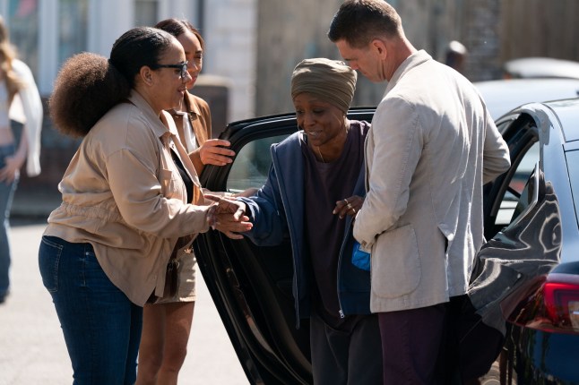 Libby, Chelsea and Denise Fox and Jack Branning in the Square in EastEnders