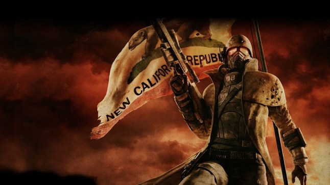 Fallout New Vegas key art of armoured character standing in front of torn flag