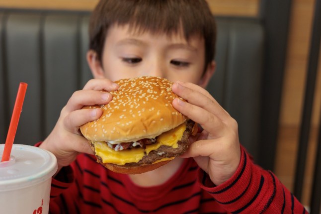 Young Asian boy holding big hamburger in hands. Eating in fast food restaurant. Junk food and eating habits concept.