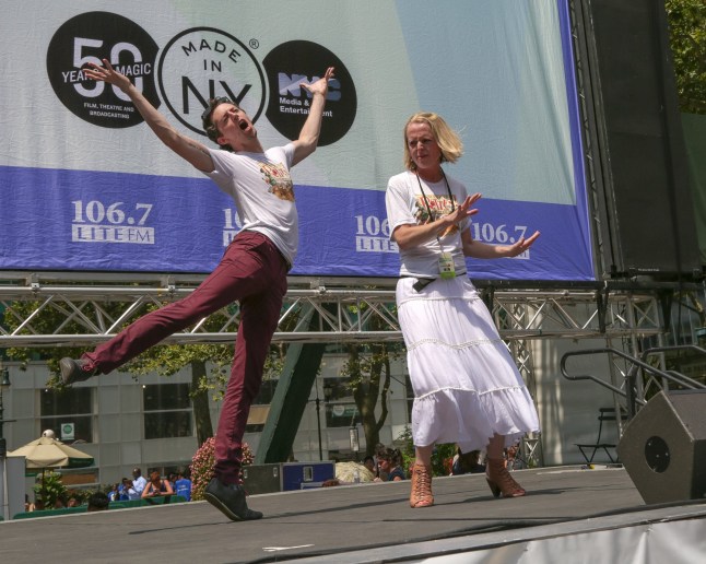 NEW YORK, NY - AUGUST 11: Josh Grisetti (L) and Catherine Brunell, from "Something Rotten", perform on stage during 106.7 LITE FM's Broadway In Bryant Park held at Bryant Park on August 11, 2016 in New York City. (Photo by Brent N. Clarke/FilmMagic)
