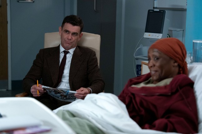 Jack sat beside Denise's hospital bed in Emmerdale