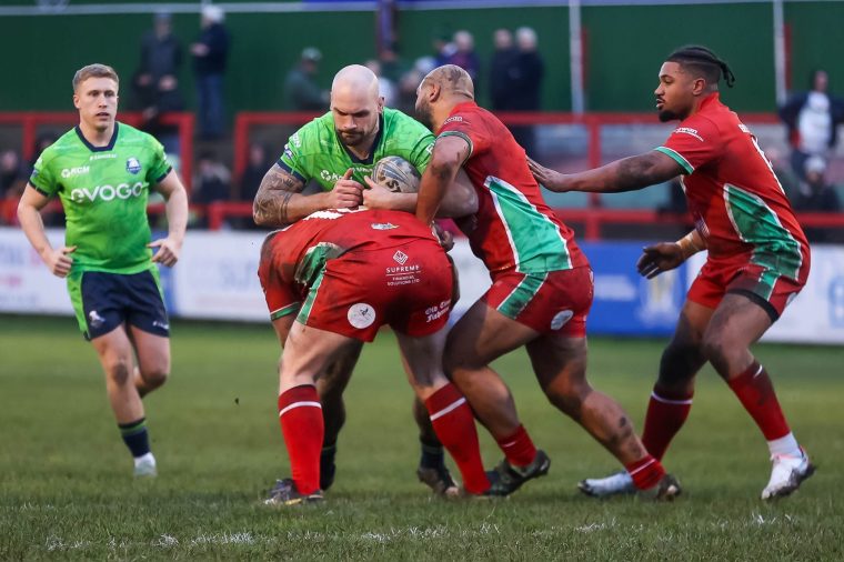 Keighley defense stops George Griffin of Sheffield during the pre-season friendly match between Keighley Cougars and Sheffield Eagles at Cougar Park in Keighley, on December 20, 2025. (Photo by Simon Hall/MI News/NurPhoto via Getty Images)