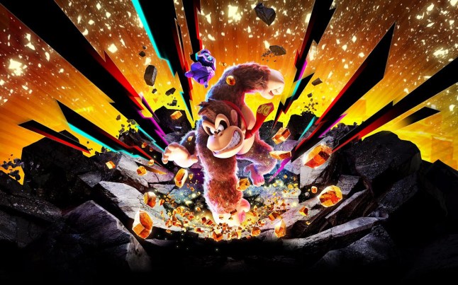 Donkey Kong Bananza key art of DK punching the ground and causing a massive shockwave