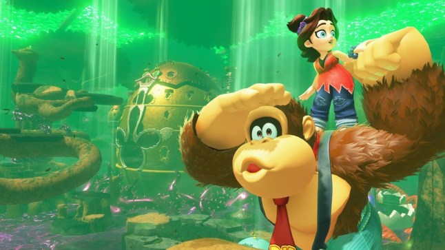 Donkey Kong surveying his surroundings while Pauline stands on his shoulder