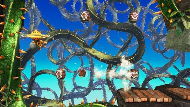 Donkey Kong Bananza gameplay of DK being fired out of a barrel in a 2D section
