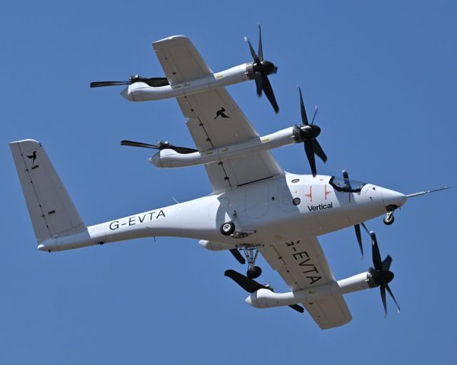 FARNBOROUGH, ENGLAND - JULY 20: The Vertical Aerospace VA-1X fully electric vertical take-off and landing (eVTOL) flies during the Farnborough International Air Show 2026 at Farnborough International Exhibition Centre on July 20, 2026 in Farnborough, England. Farnborough International Airshow 2026 hosts leading innovators from the aerospace, aviation and defence industries. (Photo by John Keeble/Getty Images)