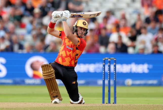 BIRMINGHAM, ENGLAND - AUGUST 22: Jacob Bethell of Birmingham Phoenix hits out for four during the The Hundred match between Birmingham Phoenix Men and Welsh Fire Men at Edgbaston on August 22, 2025 in Birmingham, England. (Photo by Jan Kruger - ECB/ECB via Getty Images)